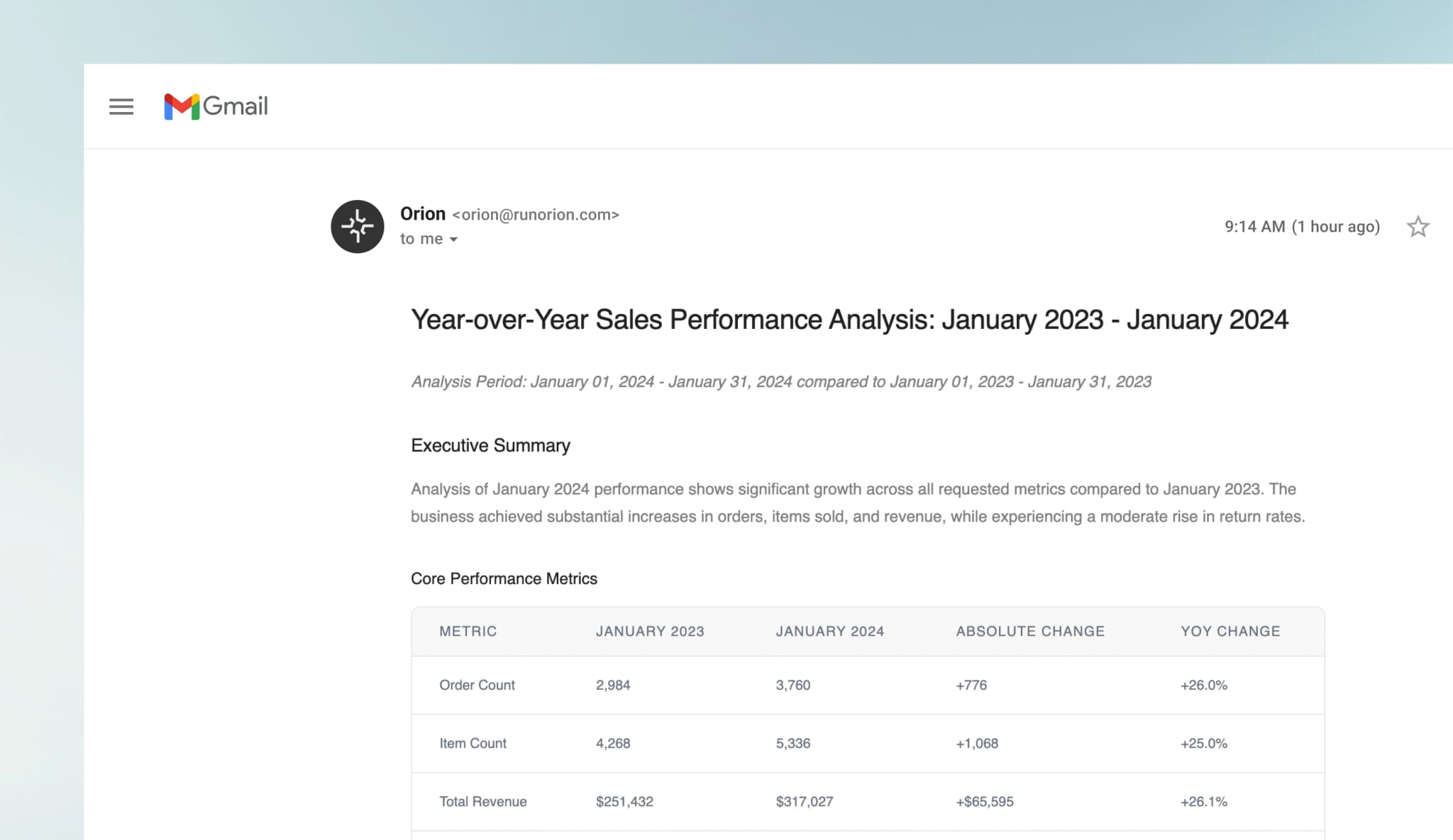 Orion email insight preview